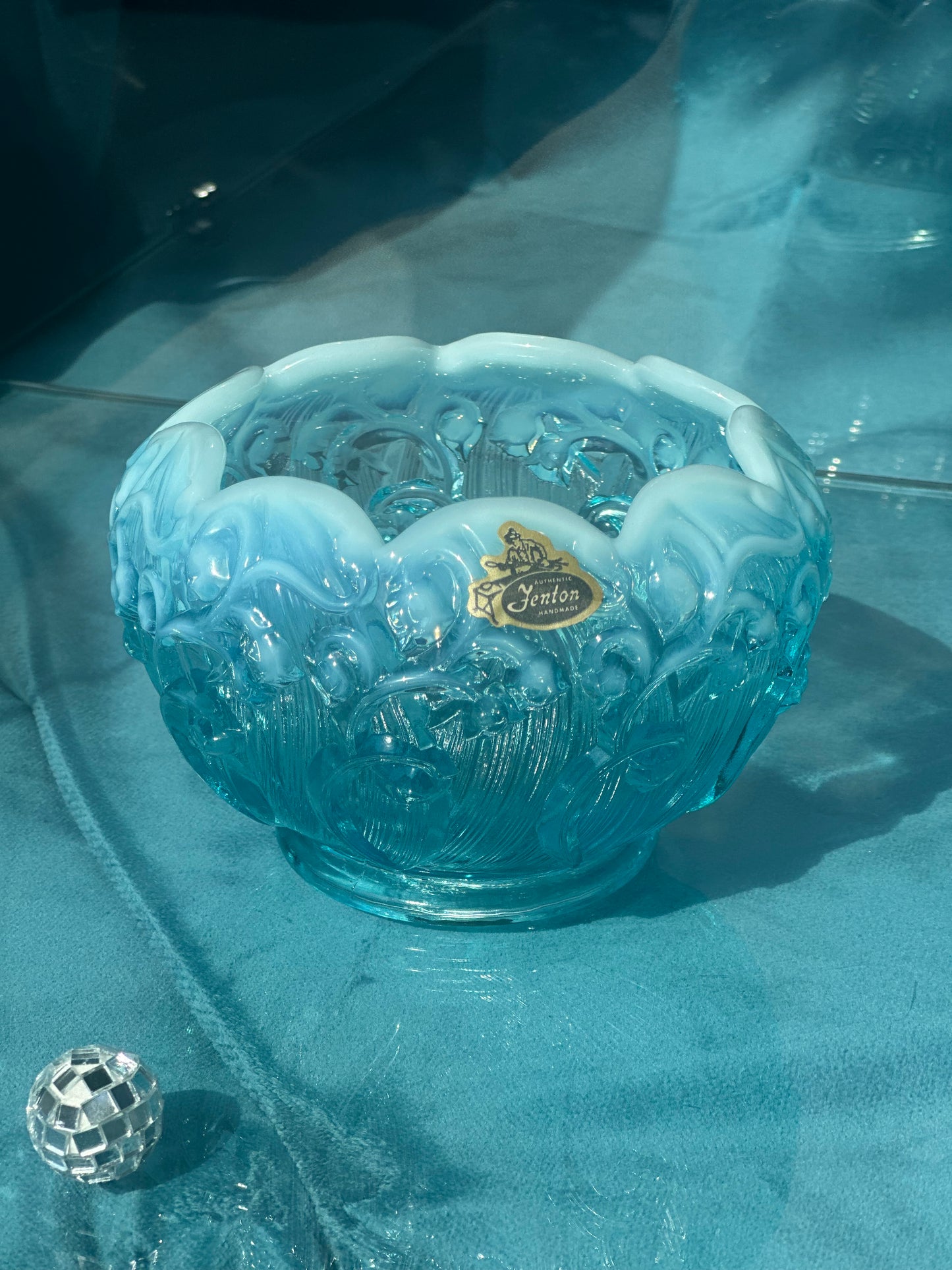 Fenton Glass, Lily of the Valley Bowl- Light Blue/Aqua Opalescence Glass