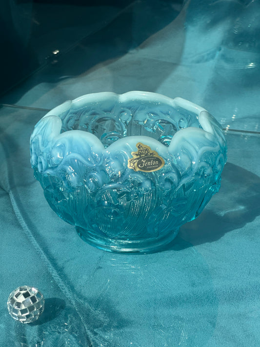 Fenton Glass, Lily of the Valley Bowl- Light Blue/Aqua Opalescence Glass