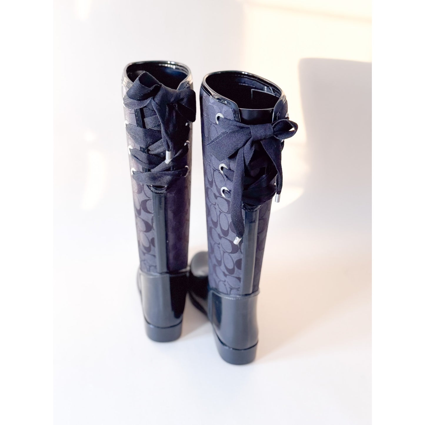 New in Box COACH Tristee Rubber/Coated Canvas Rain Boots Lace Tie Back - Size 8