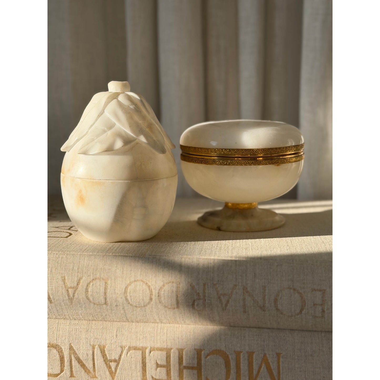 Rare Carved Alabaster Pear Box with Fitted Lid - 9" Tall