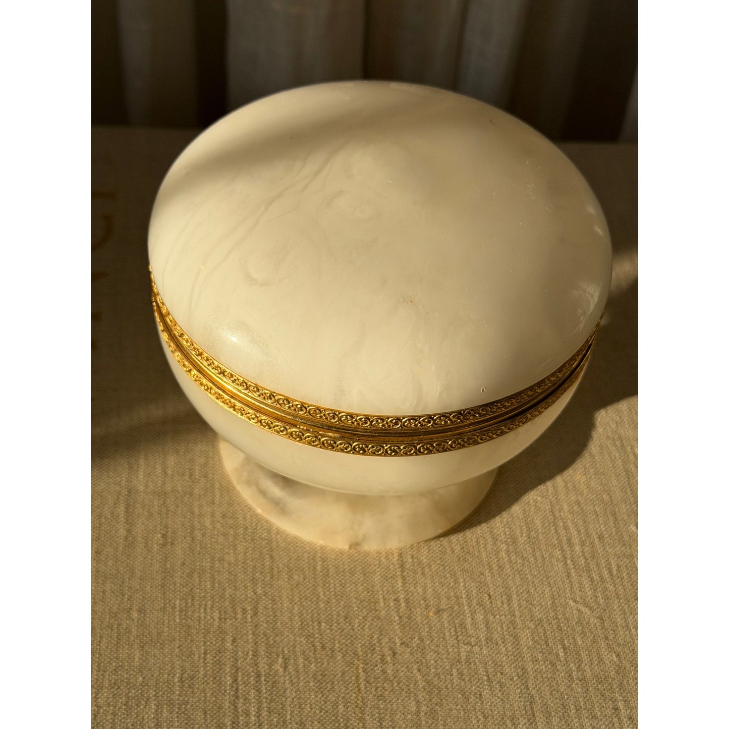 Vintage Alabaster lidded pedestal box with brass ormolu trim