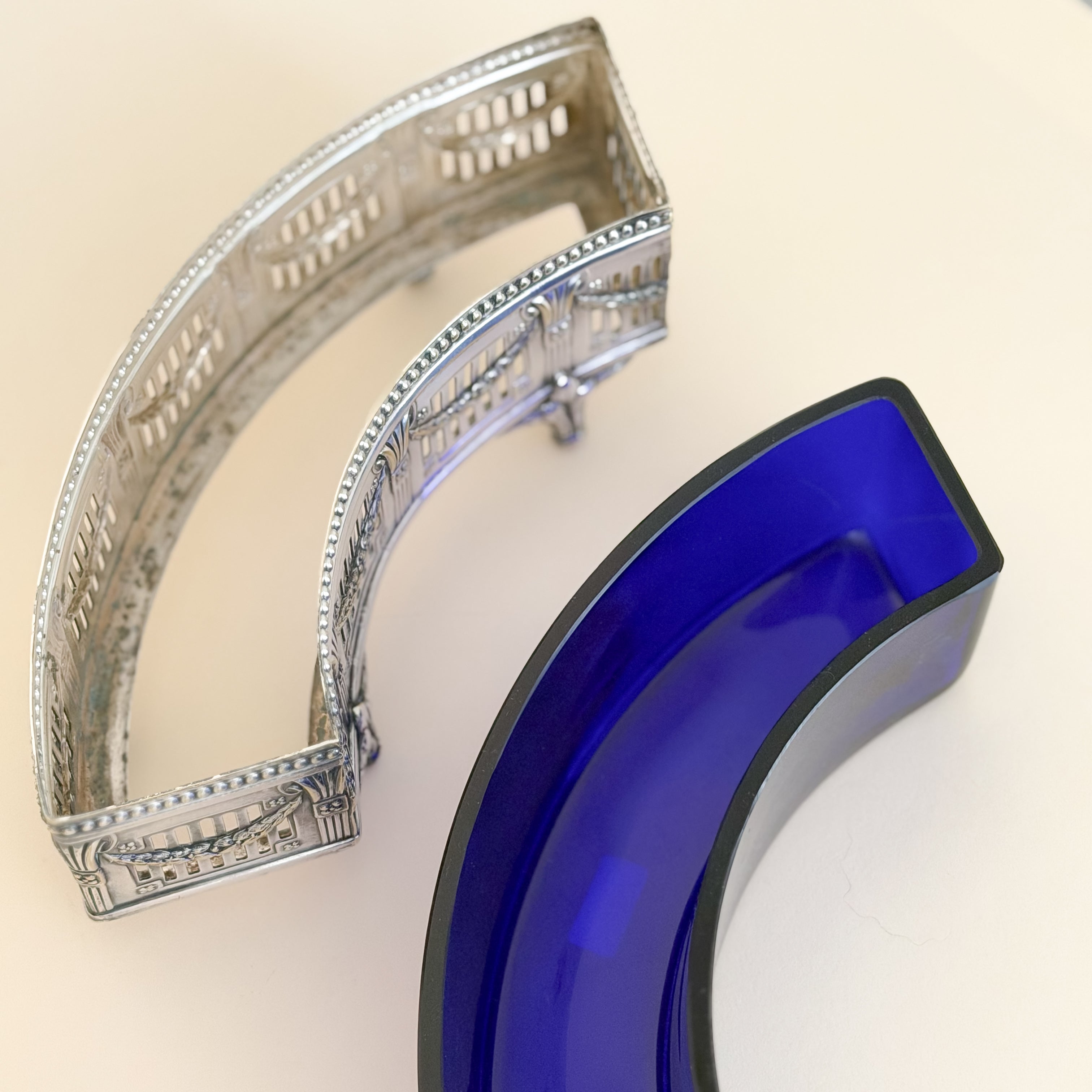 Antique Cobalt Blue Glass & Silverplate Demi-Lune Jardinière | Crescent Centerpiece
