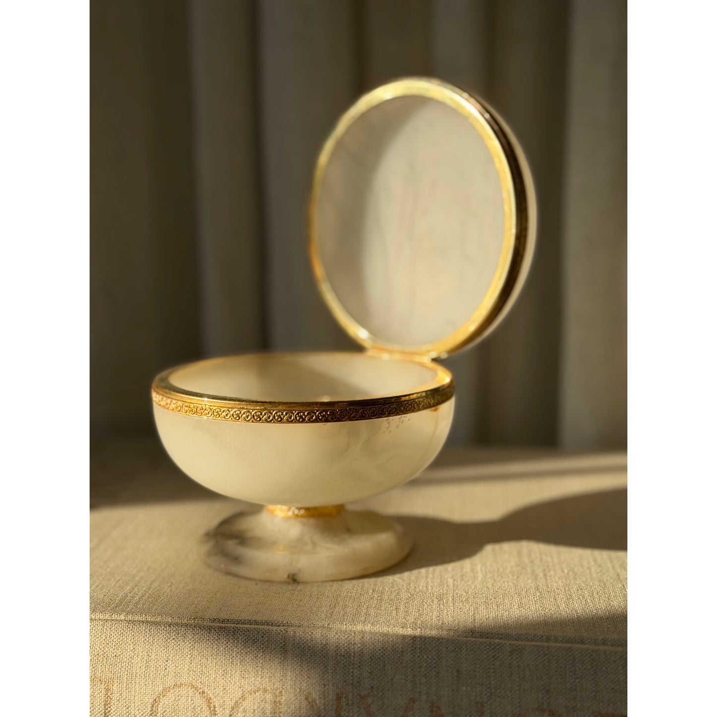 Vintage Alabaster lidded pedestal box with brass ormolu trim