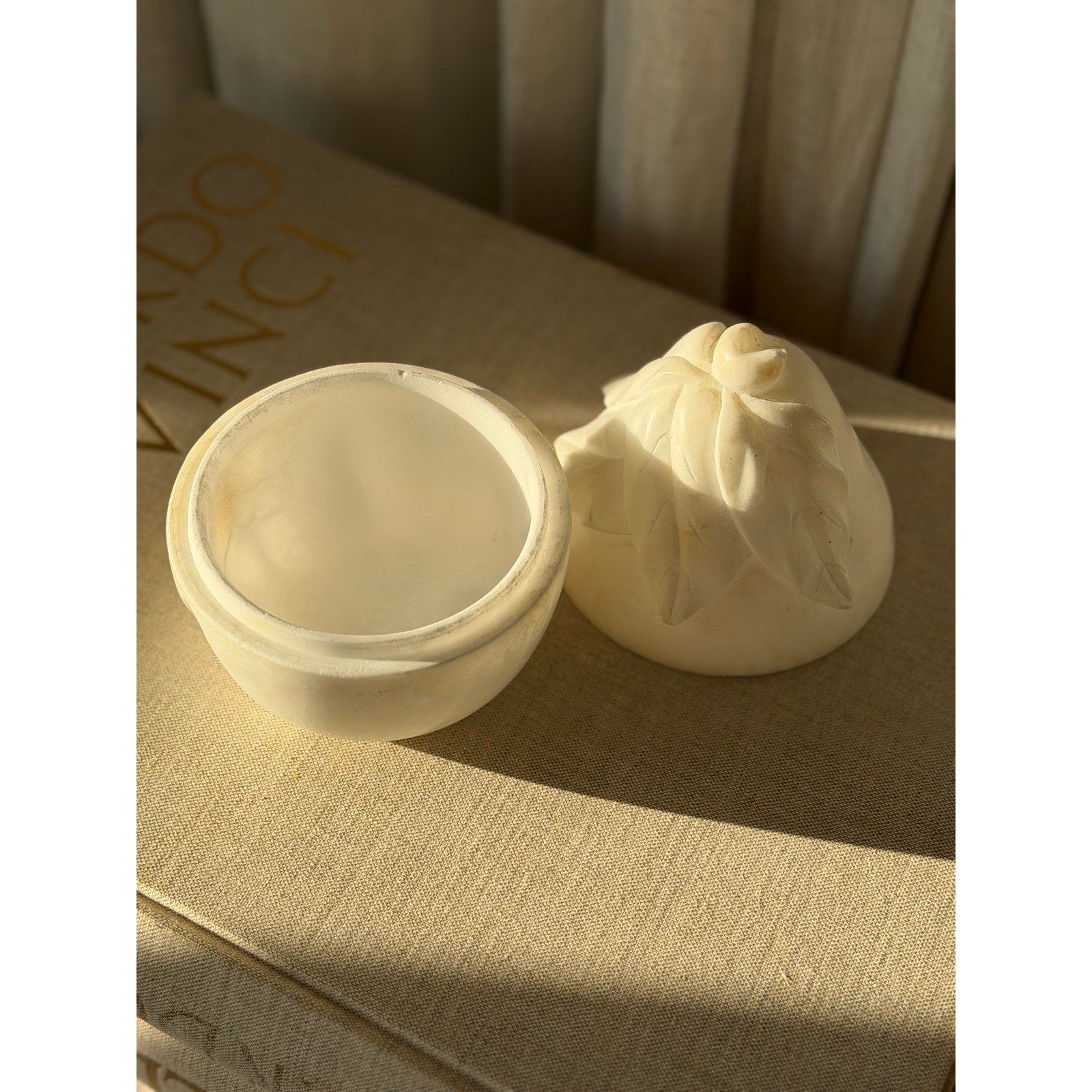 Rare Carved Alabaster Pear Box with Fitted Lid - 9" Tall