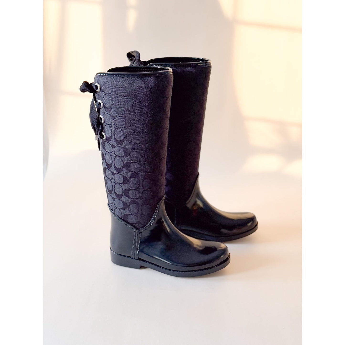 New in Box COACH Tristee Rubber/Coated Canvas Rain Boots Lace Tie Back - Size 8