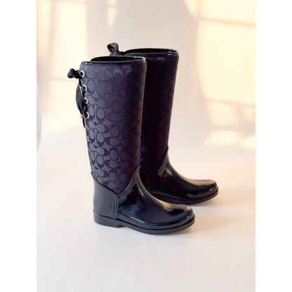 New in Box COACH Tristee Rubber/Coated Canvas Rain Boots Lace Tie Back - Size 8