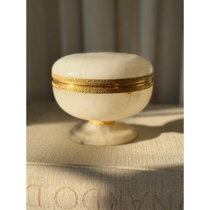 Vintage Alabaster lidded pedestal box with brass ormolu trim