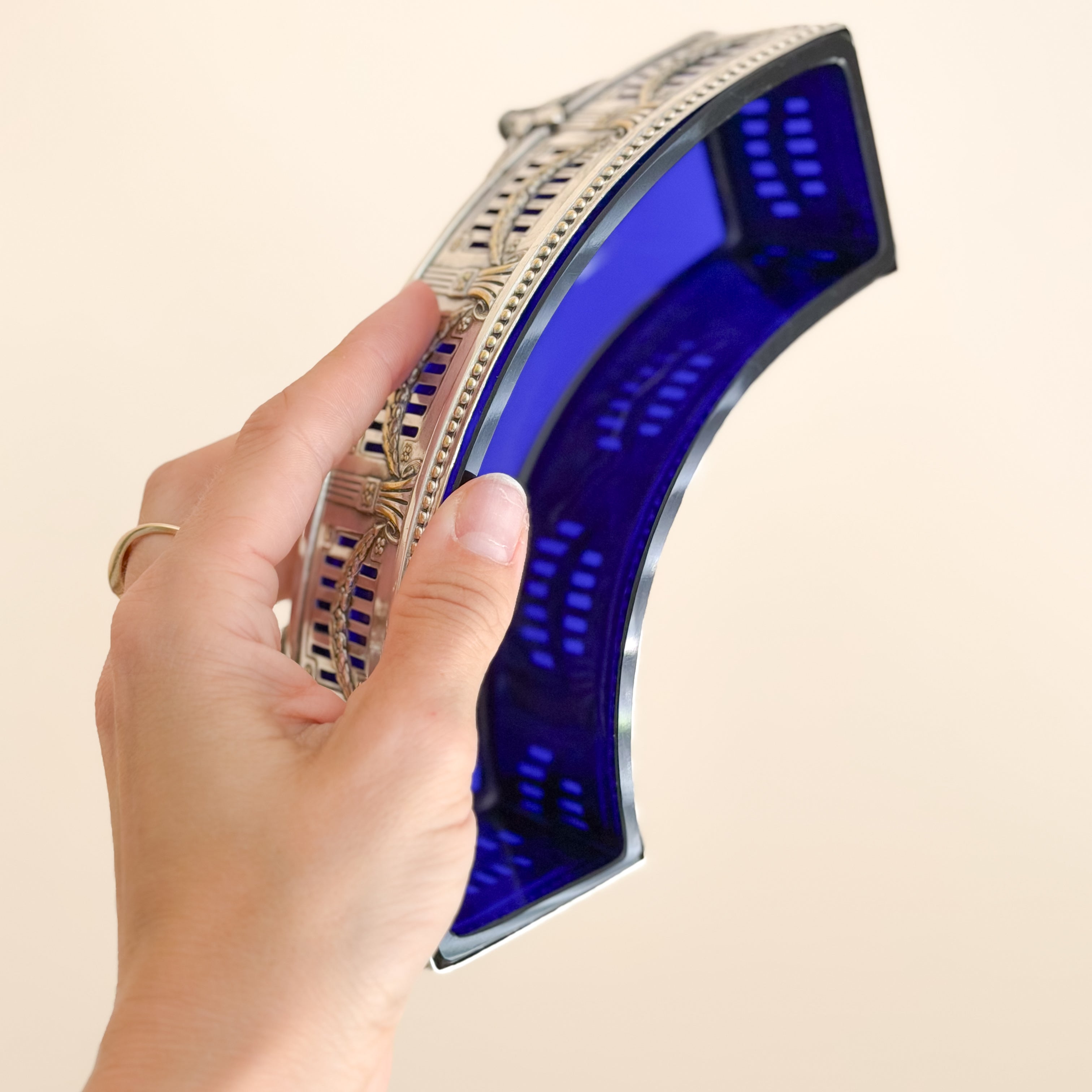 Antique Cobalt Blue Glass & Silverplate Demi-Lune Jardinière | Crescent Centerpiece