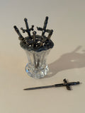 Antique Sword Cocktail Picks in crystal holder