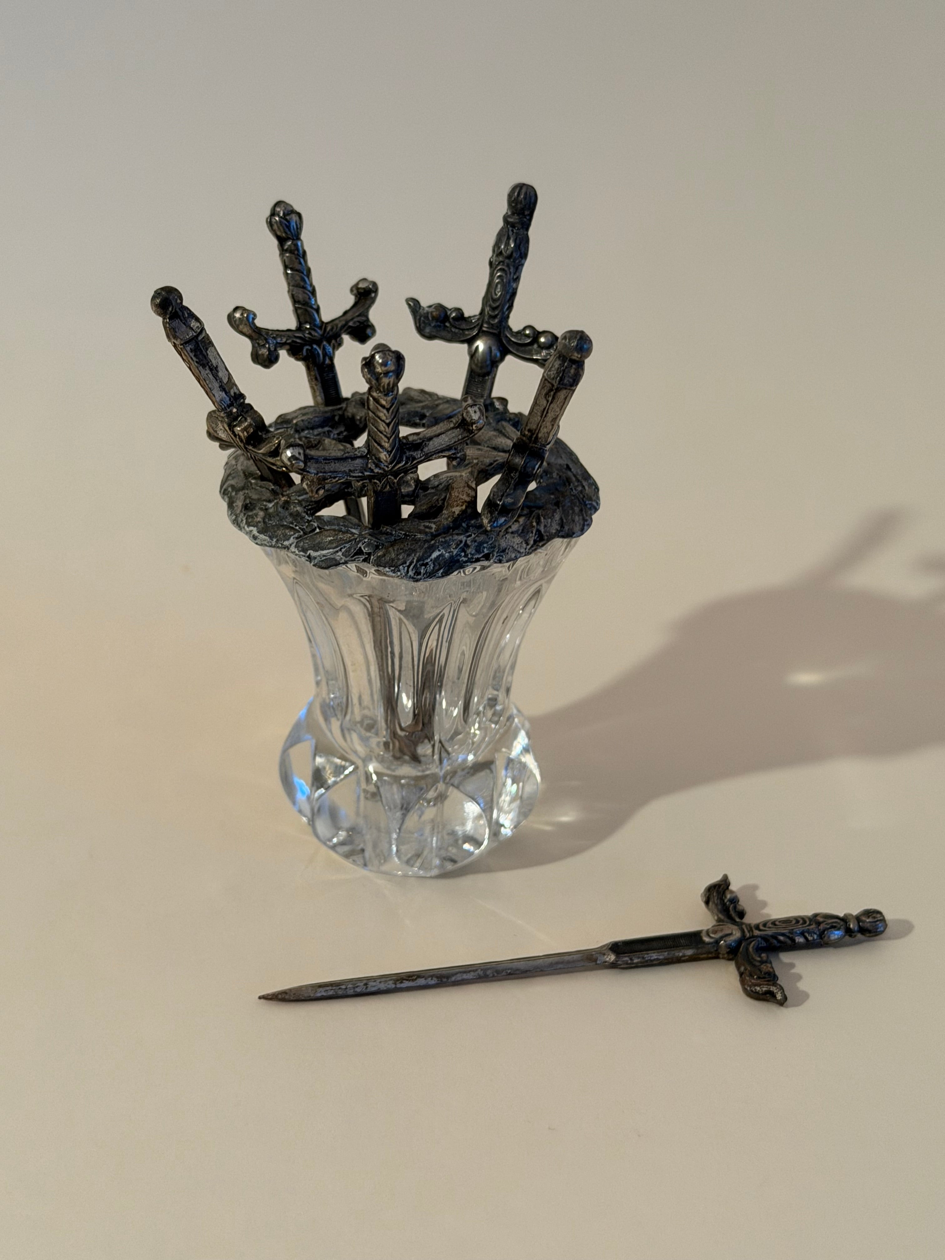 Antique Sword Cocktail Picks in crystal holder