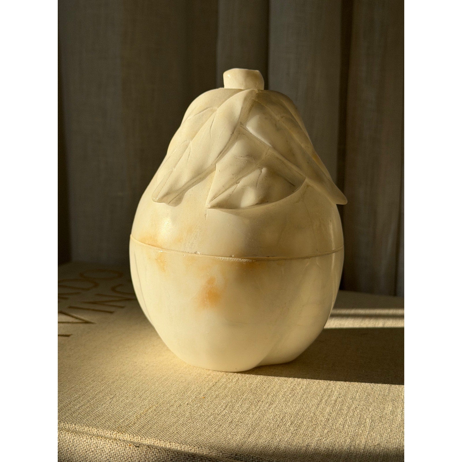 Rare Carved Alabaster Pear Box with Fitted Lid - 9" Tall