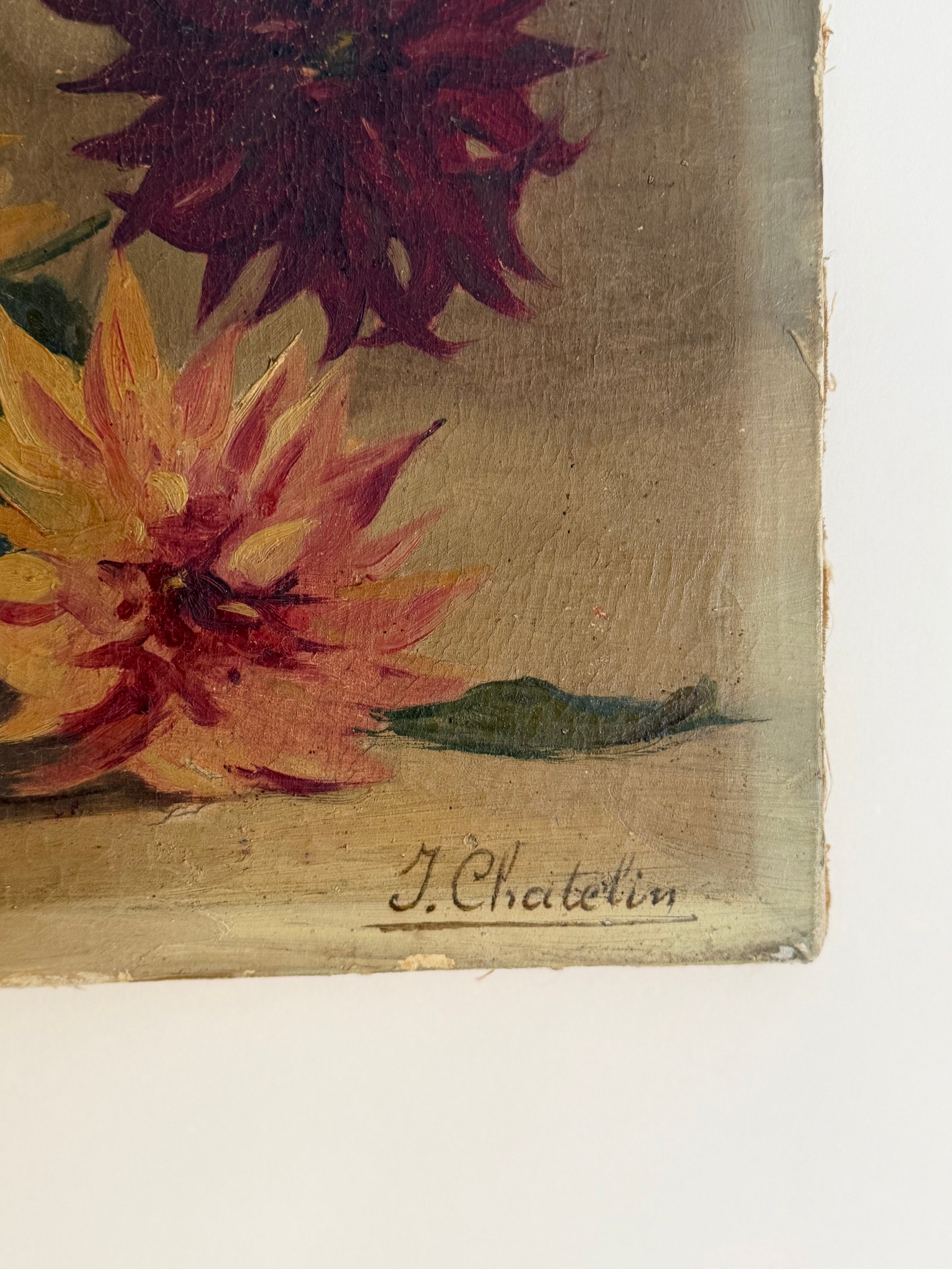 Antique French Dahlias Still Life Oil Painting