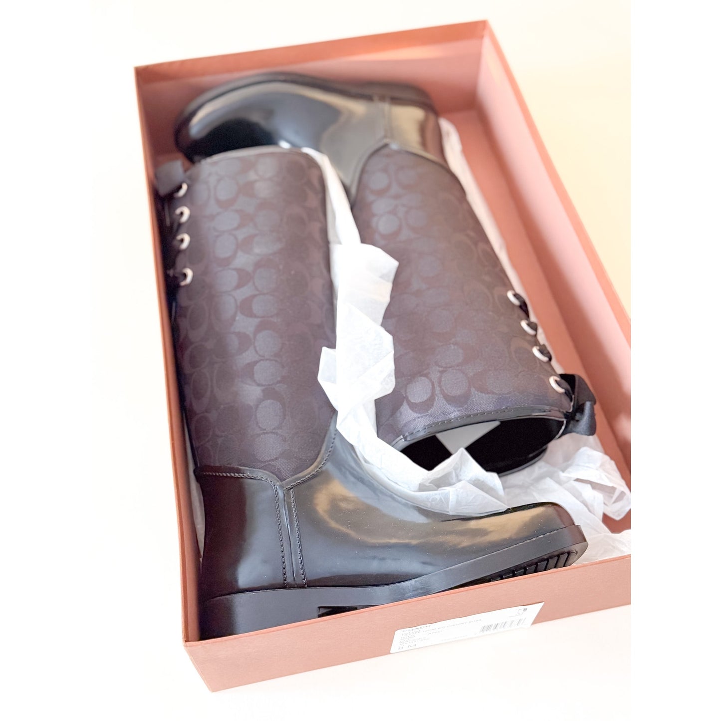 New in Box COACH Tristee Rubber/Coated Canvas Rain Boots Lace Tie Back - Size 8