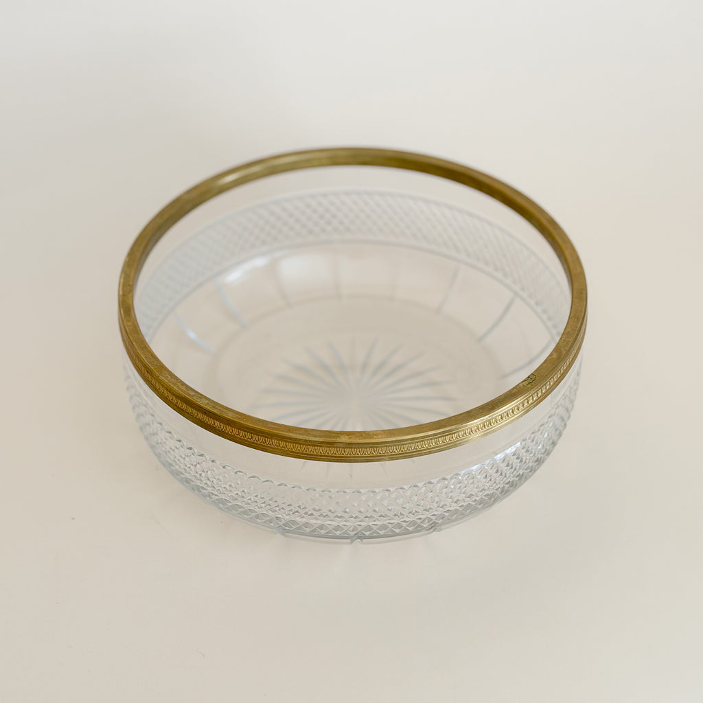 Vintage French Cut Glass Bowl with Bronze Rim