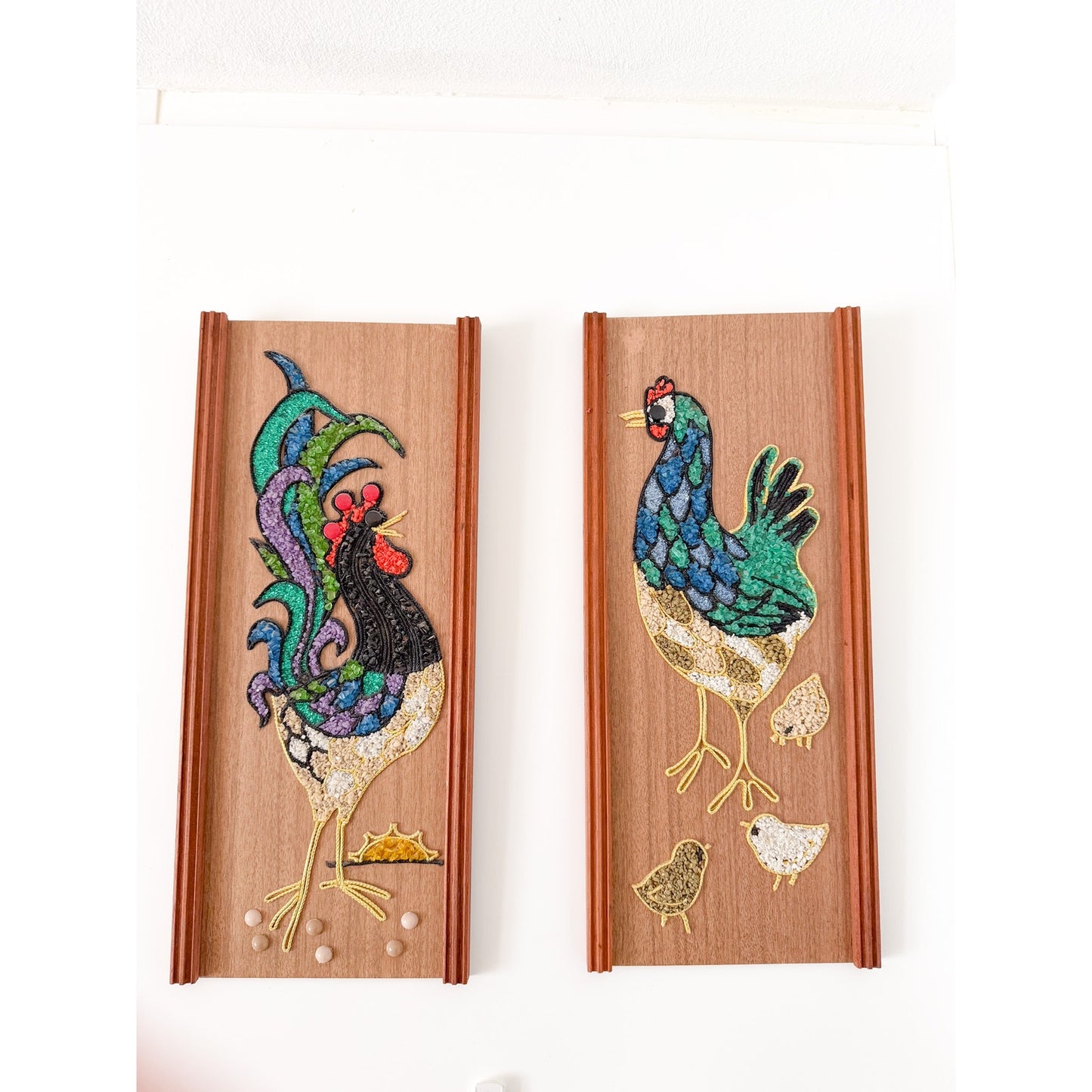 Mid-Century Modern Rooster Chicken Pebble Art - Adorable Pair