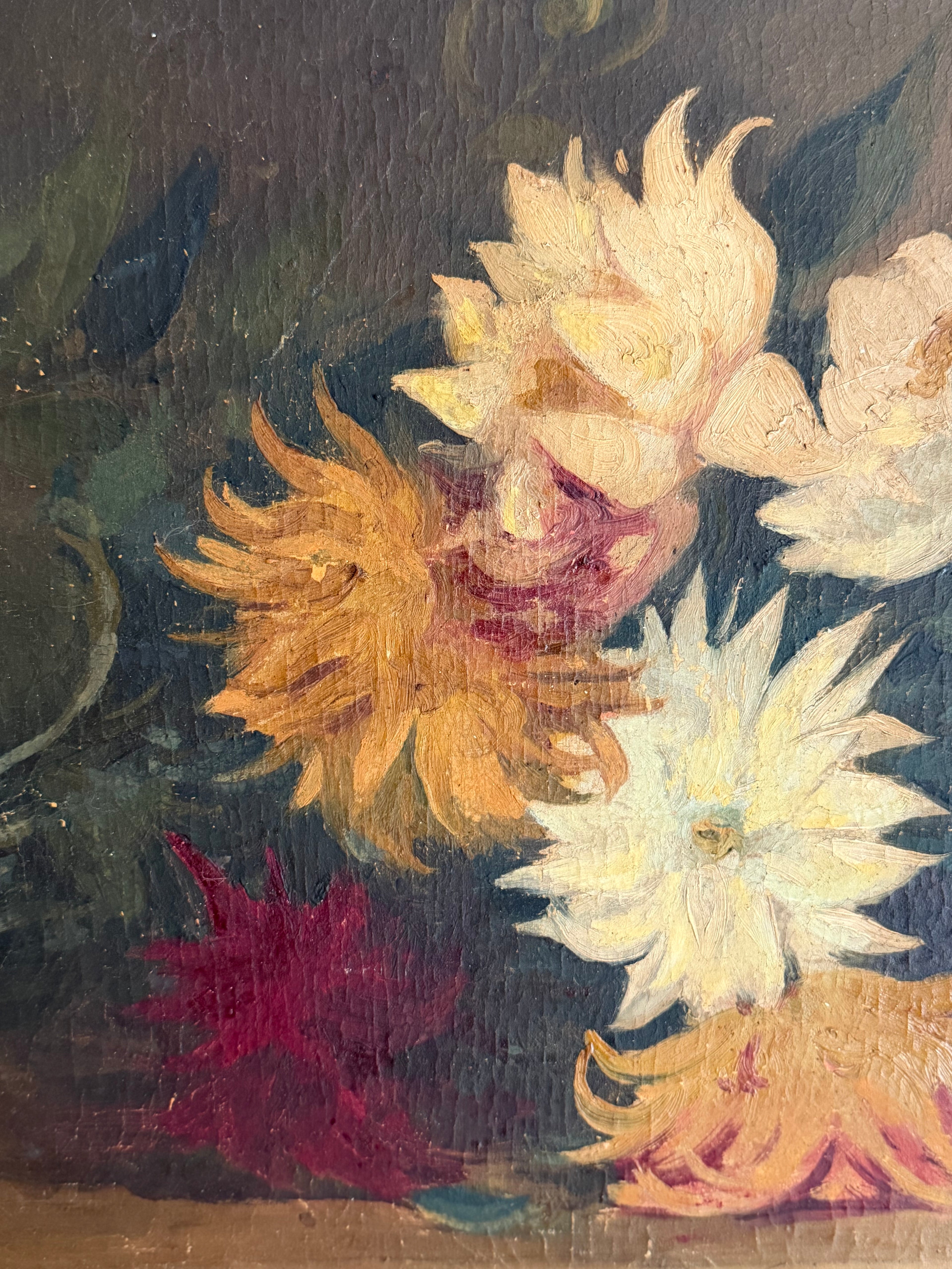 Antique French Dahlias Still Life Oil Painting