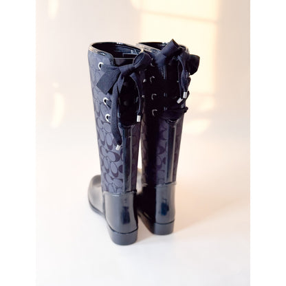 New in Box COACH Tristee Rubber/Coated Canvas Rain Boots Lace Tie Back - Size 8