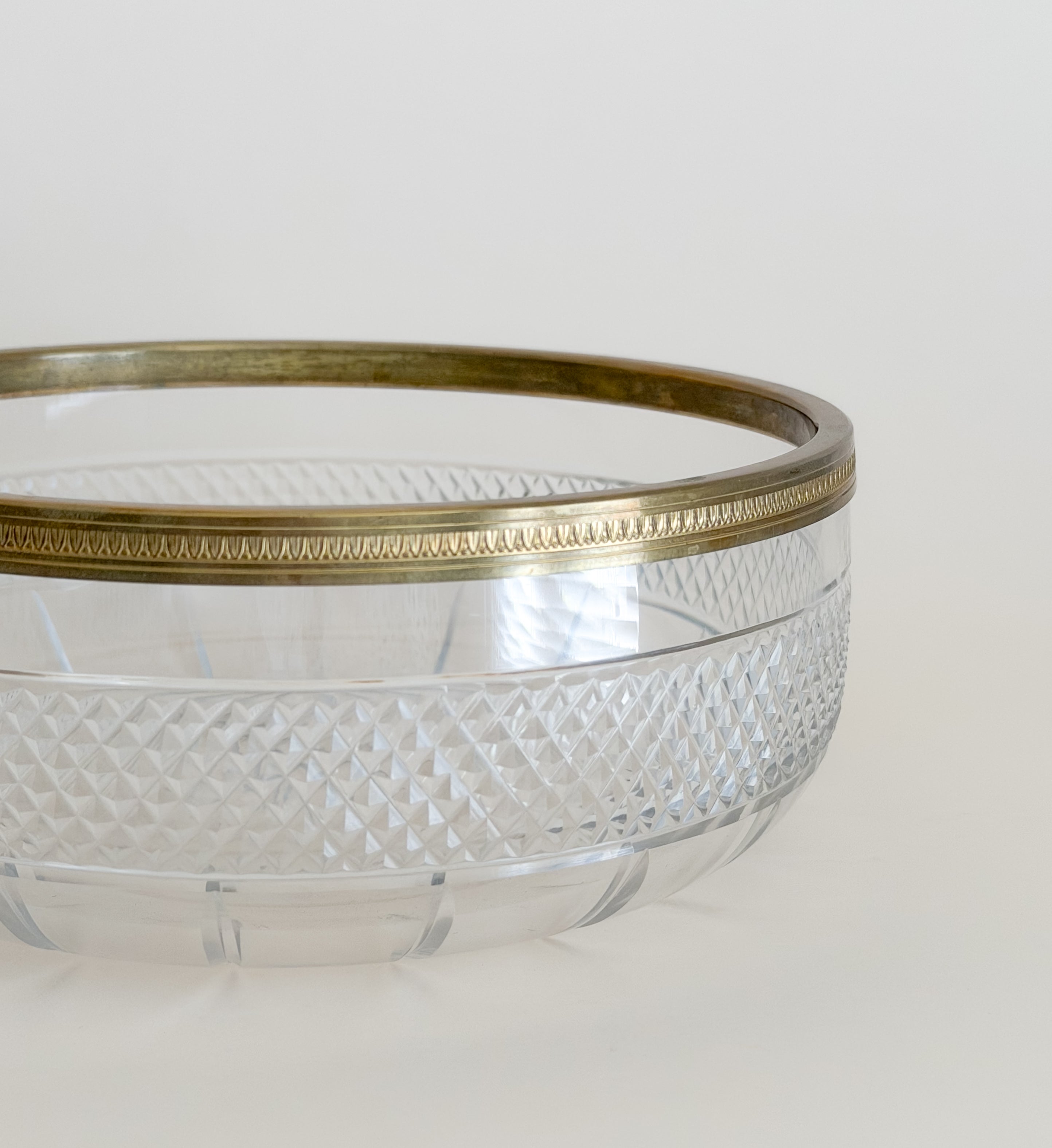 Vintage French Cut Glass Bowl with Bronze Rim