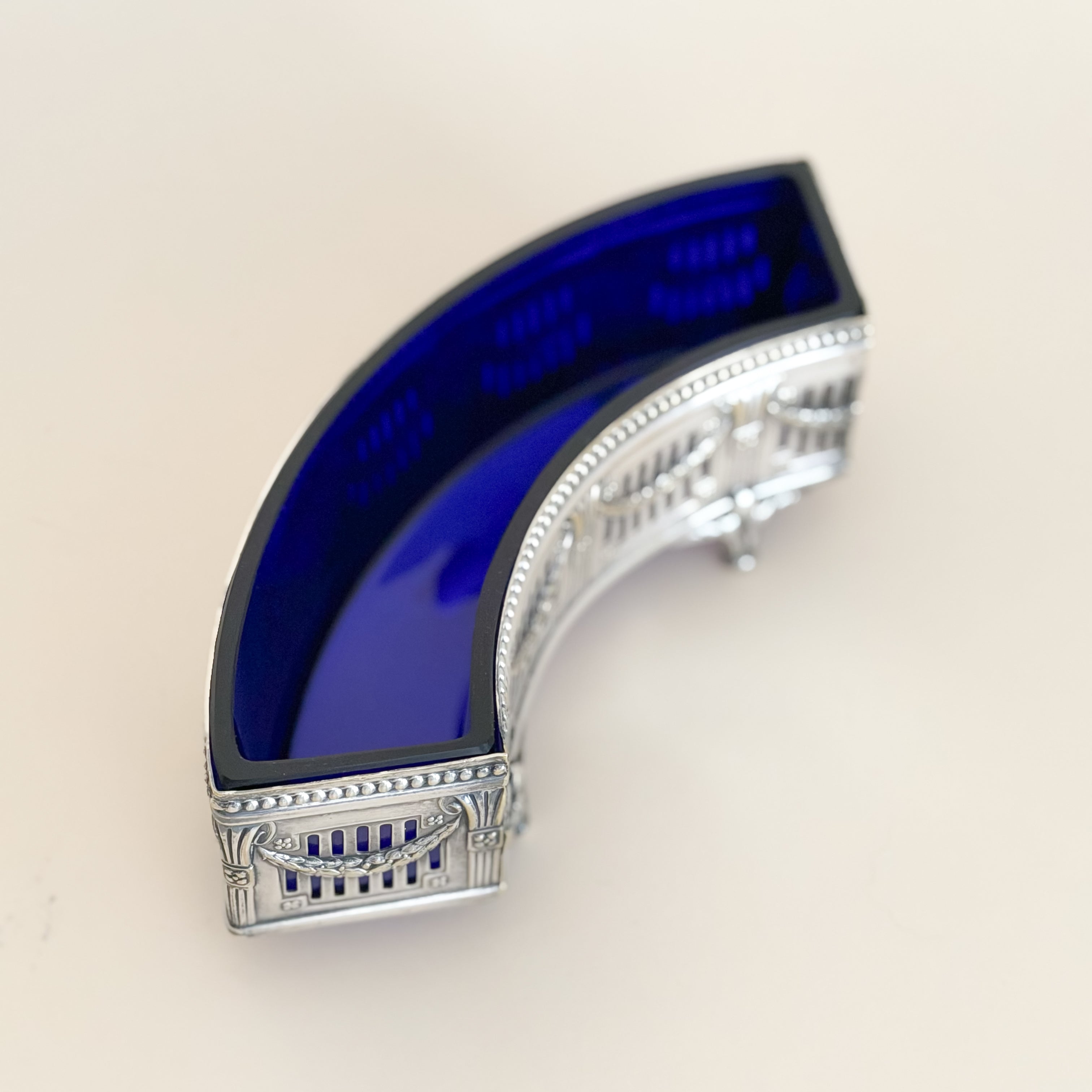Antique Cobalt Blue Glass & Silverplate Demi-Lune Jardinière | Crescent Centerpiece