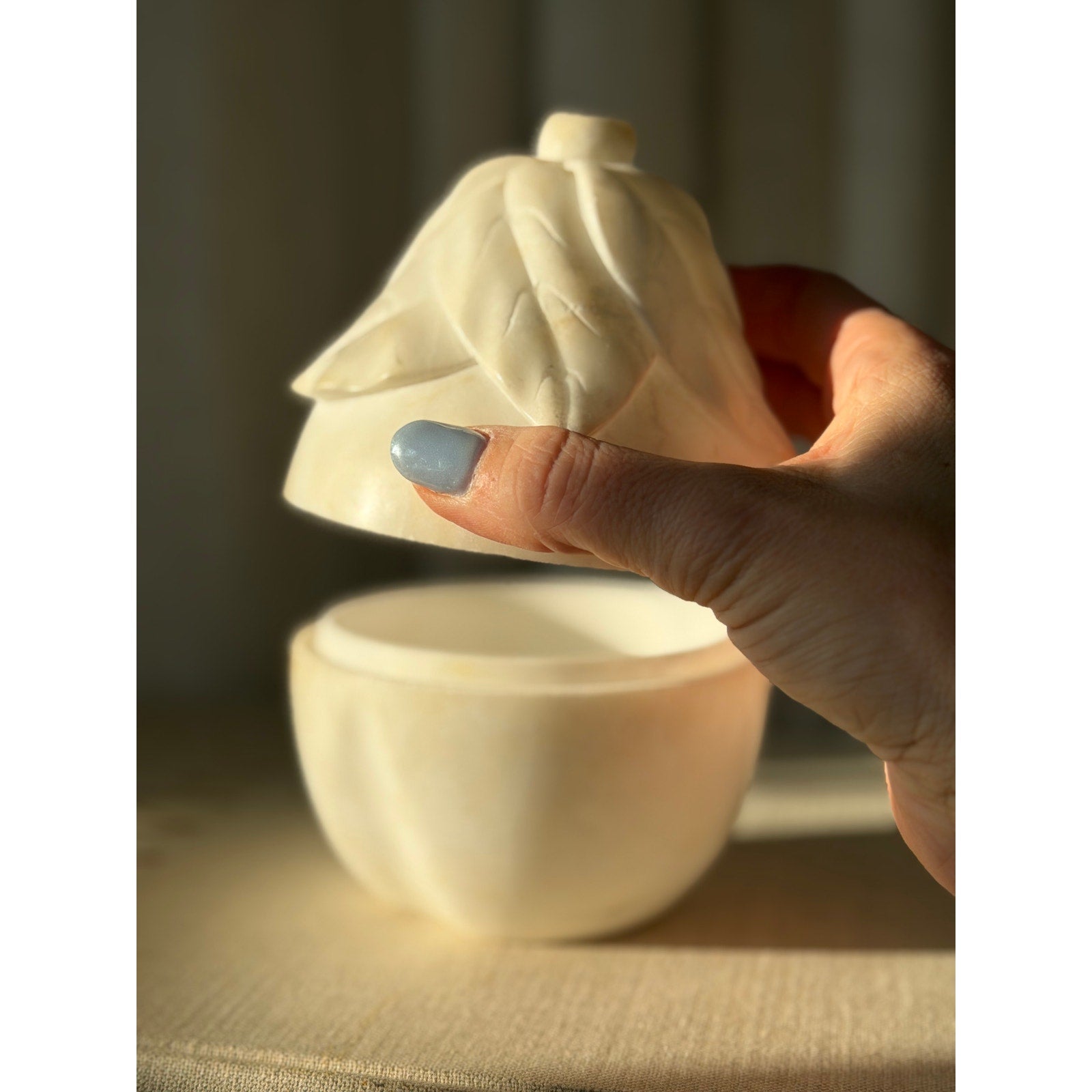 Rare Carved Alabaster Pear Box with Fitted Lid - 9" Tall