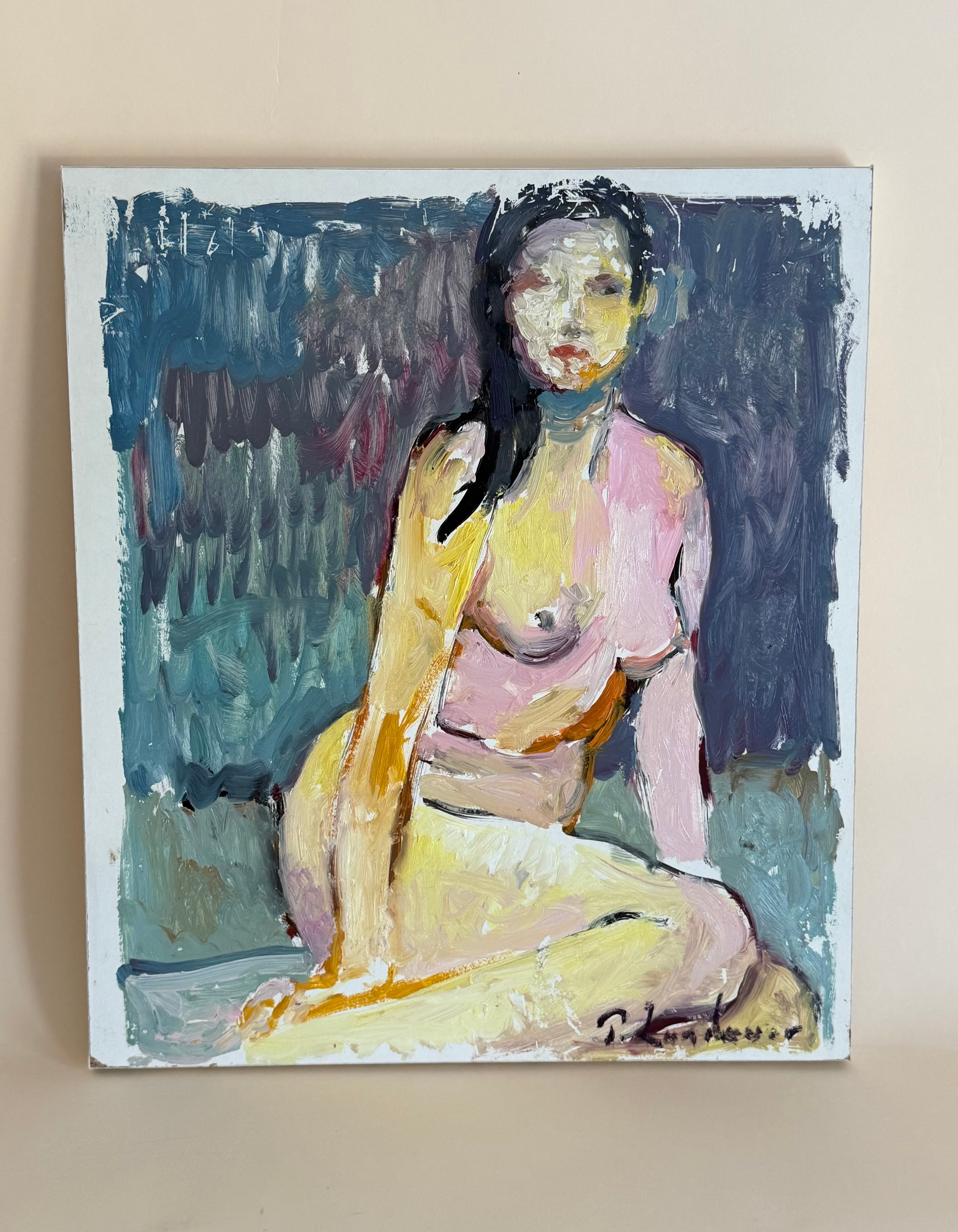 Modern Figurative French Nude Oil Painting on Board