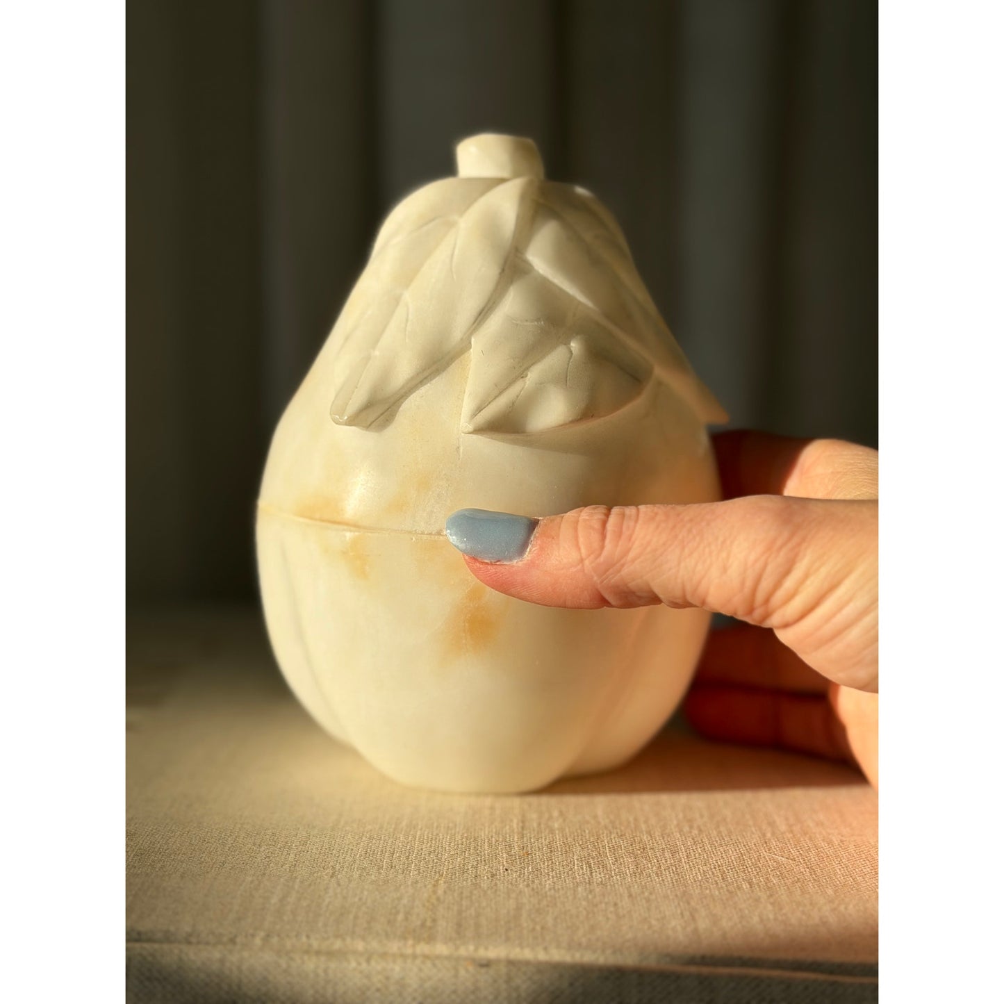 Rare Carved Alabaster Pear Box with Fitted Lid - 9" Tall