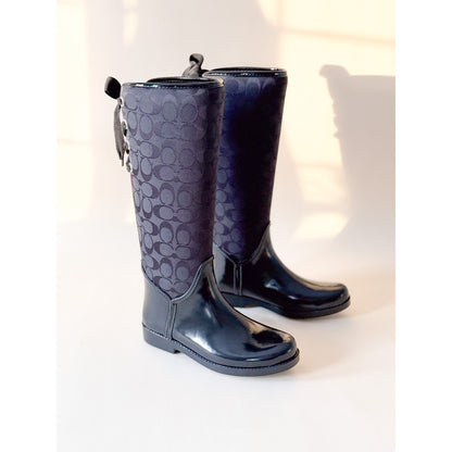 New in Box COACH Tristee Rubber/Coated Canvas Rain Boots Lace Tie Back - Size 8
