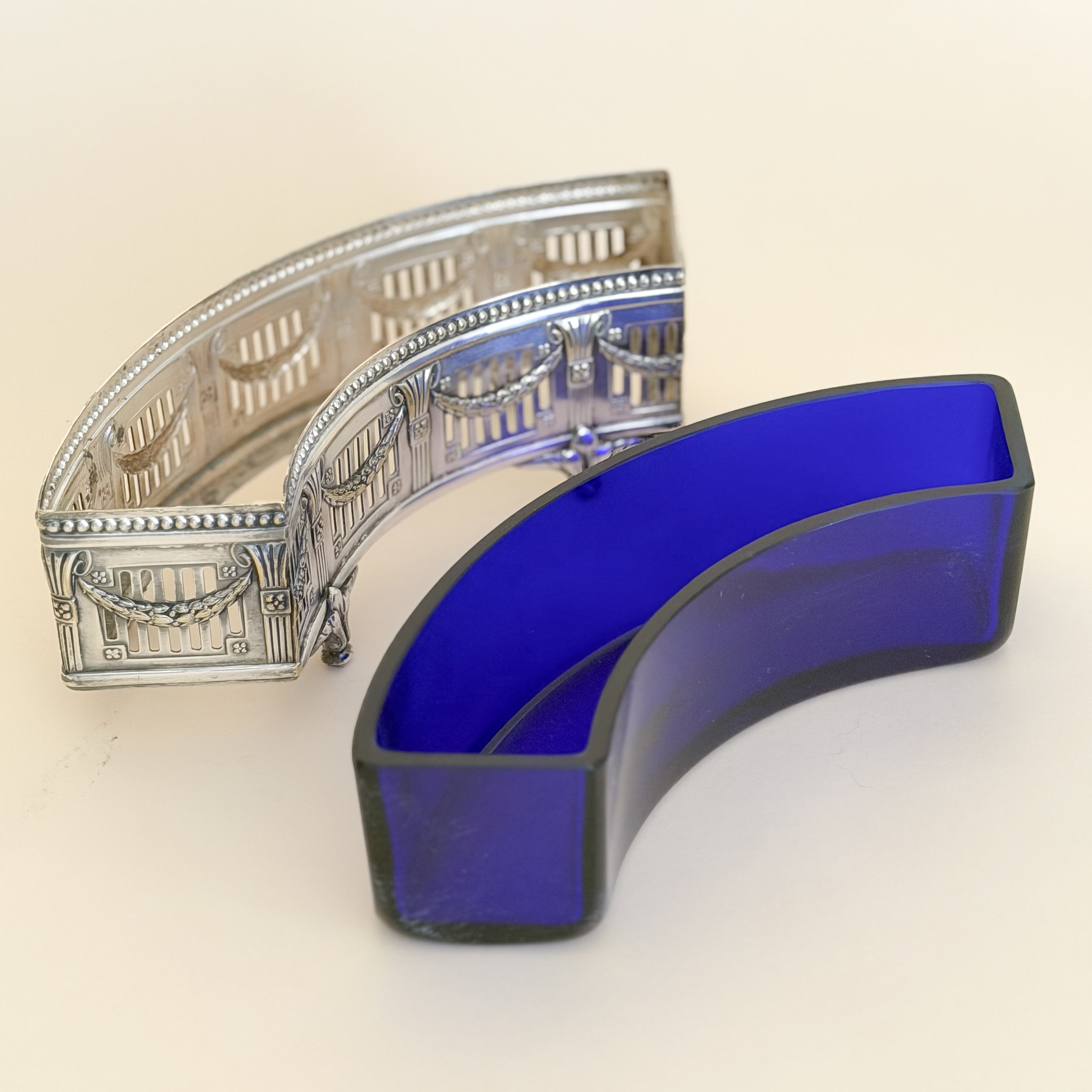 Antique Cobalt Blue Glass & Silverplate Demi-Lune Jardinière | Crescent Centerpiece