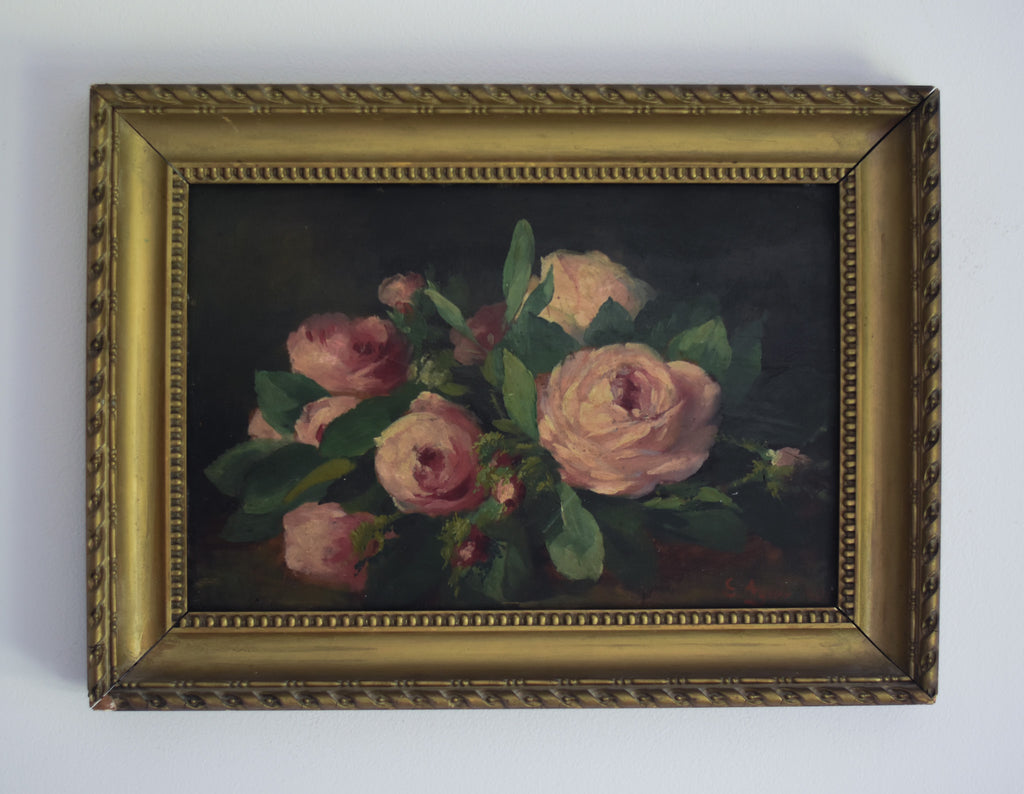 Antique French Pink Roses Still Life in Gilt Frame - 1901