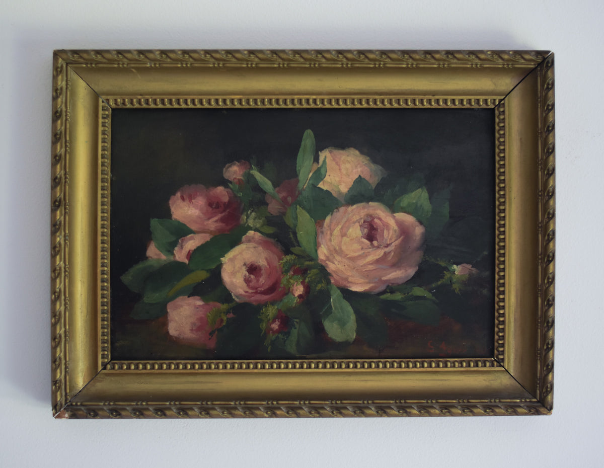 Antique French Pink Roses Still Life in Gilt Frame - 1901