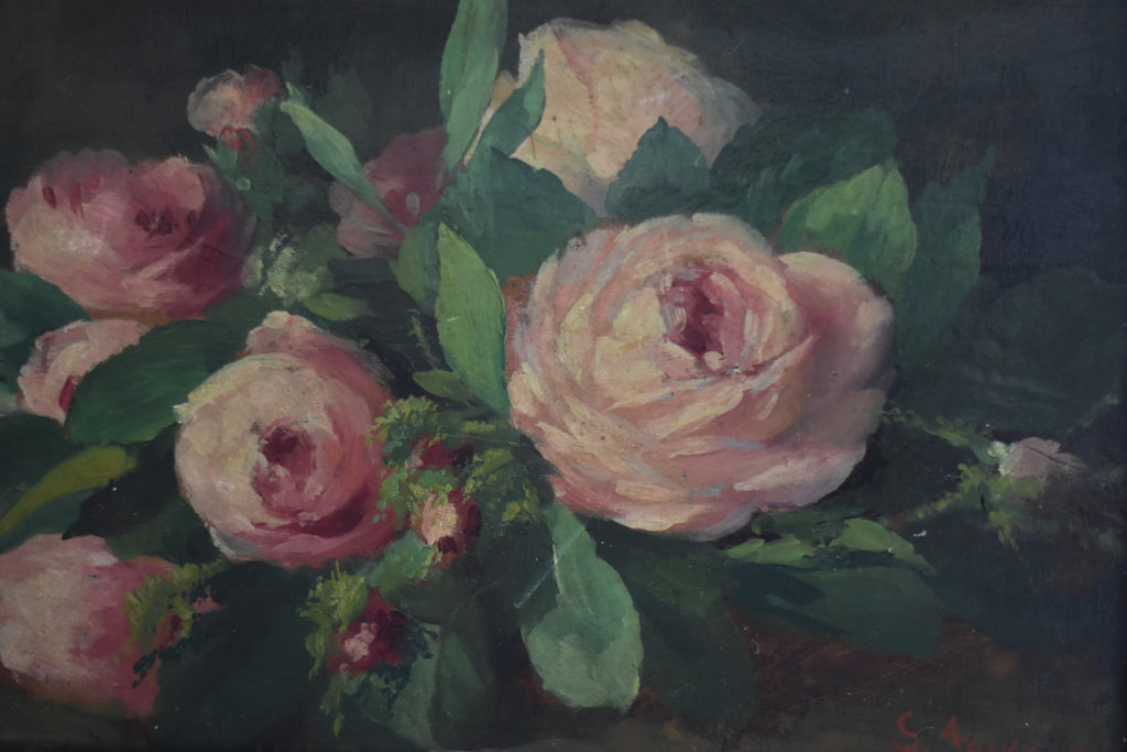 Antique French Pink Roses Still Life in Gilt Frame - 1901