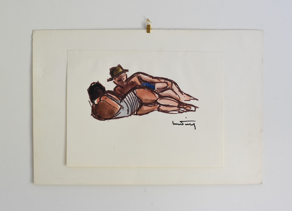 Beach Please - Pair of French Watercolor & Ink Figure Studies