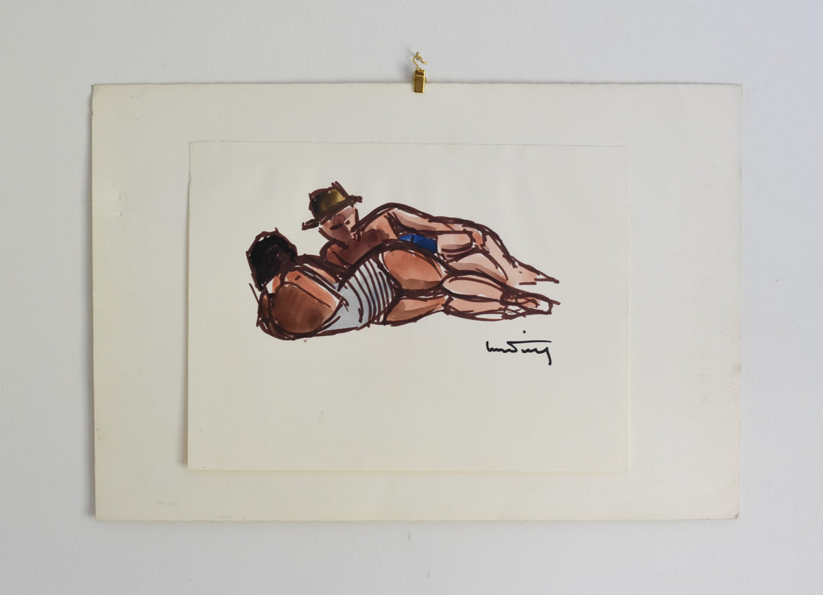 Beach Please - Pair of French Watercolor & Ink Figure Studies