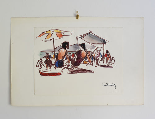 Beach Please - Pair of French Watercolor & Ink Figure Studies