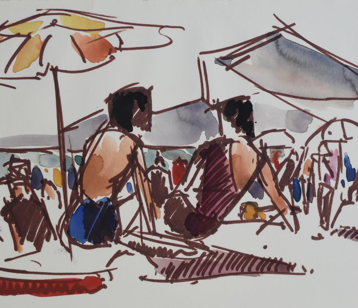 Beach Please - Pair of French Watercolor & Ink Figure Studies