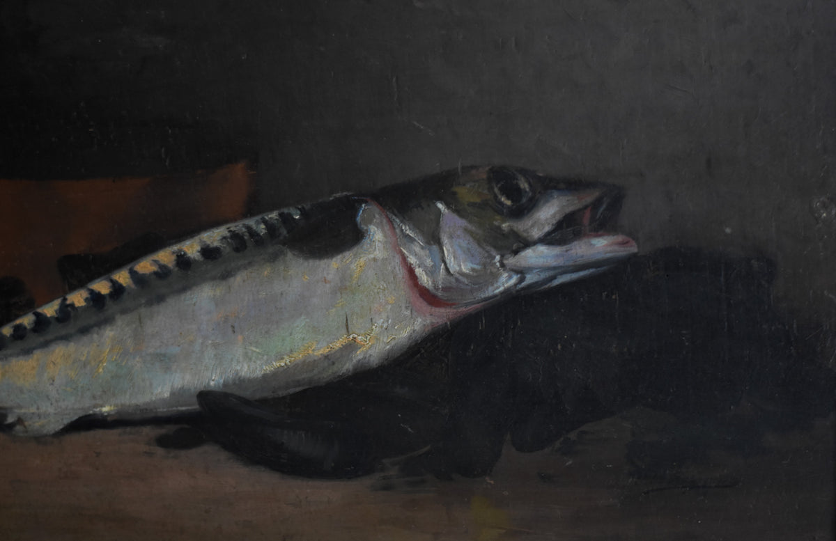 Antique French Fish Still Life by Joseph de Ruysscher, c. 1900