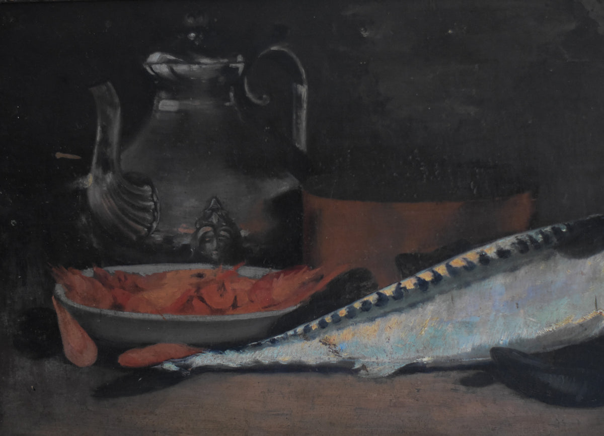 Antique French Fish Still Life by Joseph de Ruysscher, c. 1900