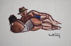 Beach Please - Pair of French Watercolor & Ink Figure Studies