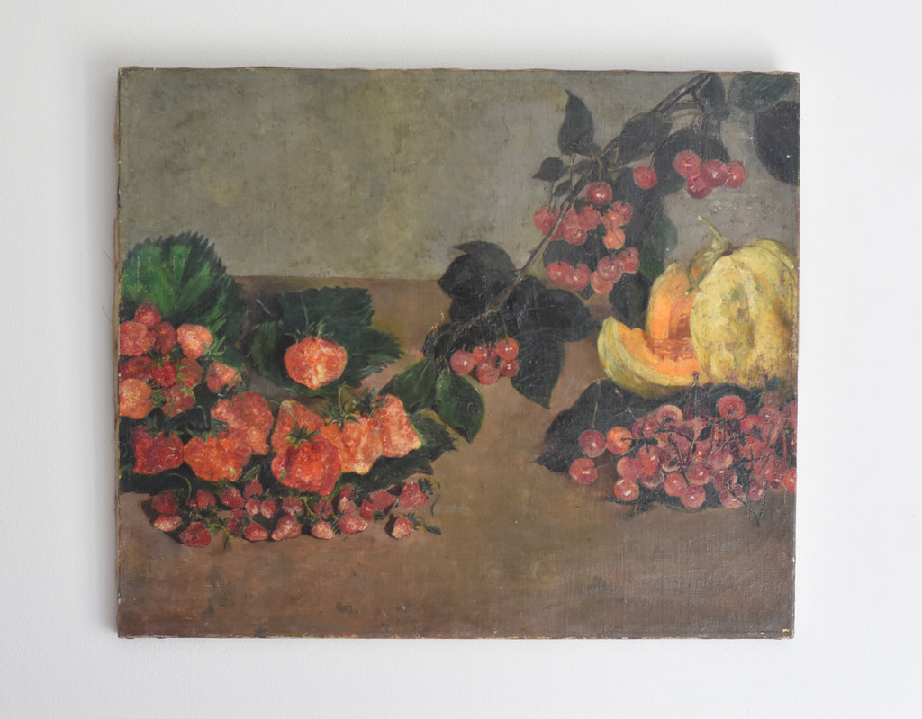Still life painting of fruits and berries on a textured surface