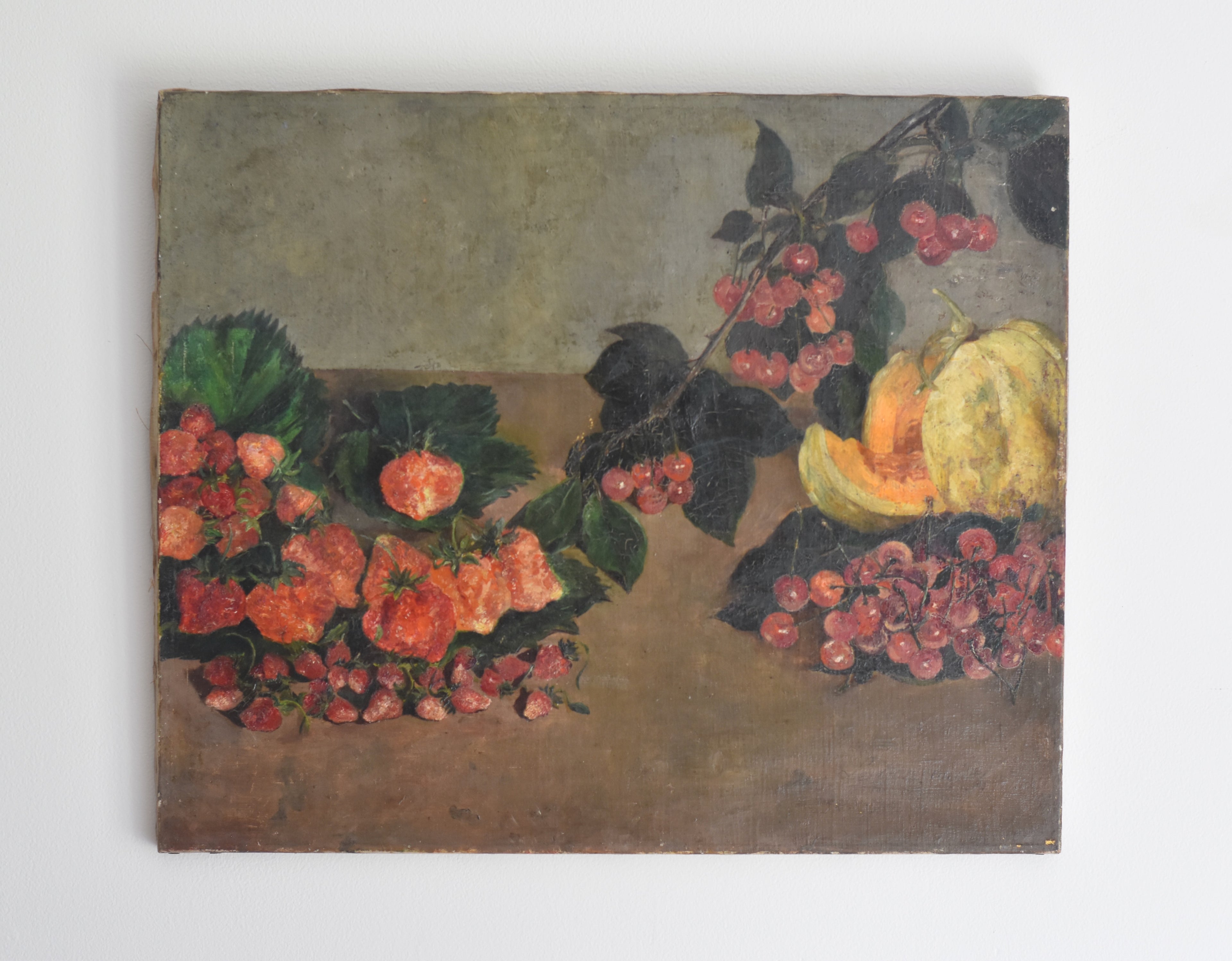 Still life painting of fruits and berries on a textured surface