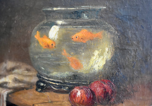 Early 20th Century Belgian Goldfish Still Life Oil Painting