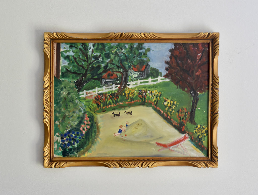 Vintage Garden Scene Oil Painting | Framed Original Oil on Board