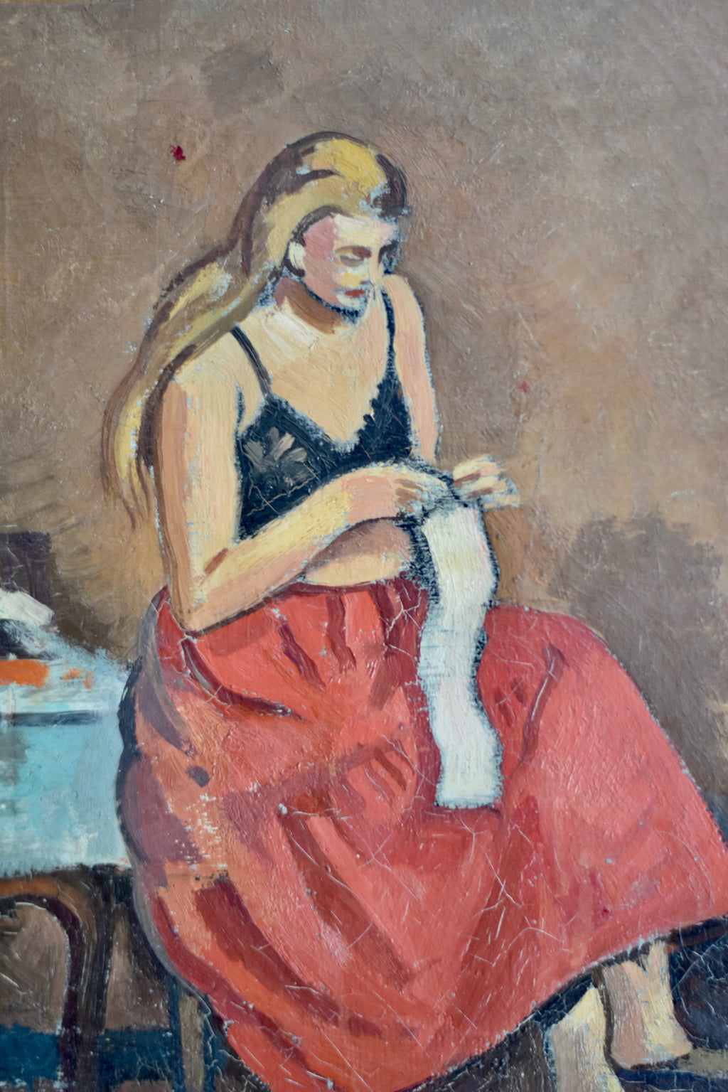 The Red Skirt | Antique Figurative Oil on Canvas
