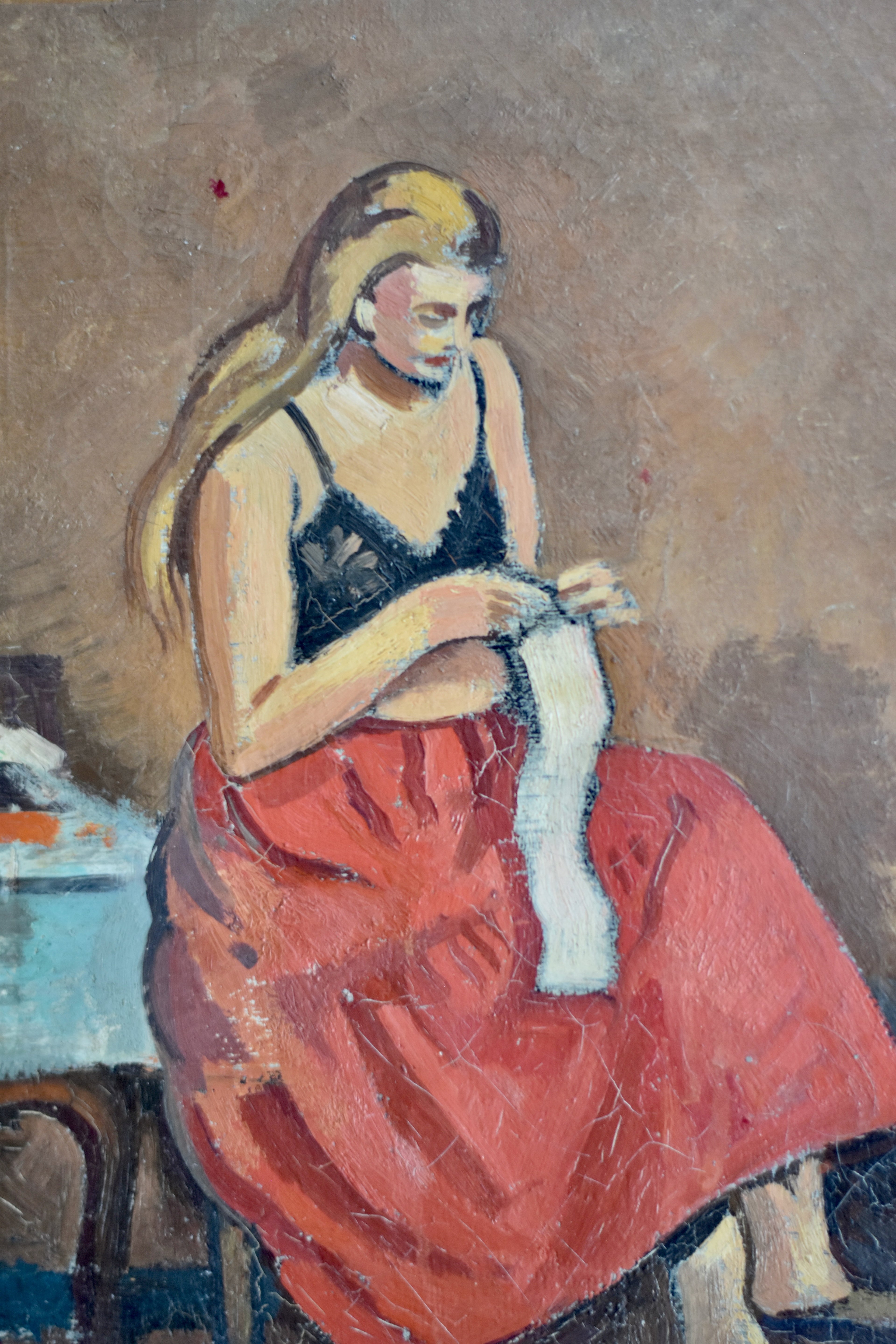 The Red Skirt | Antique Figurative Oil on Canvas