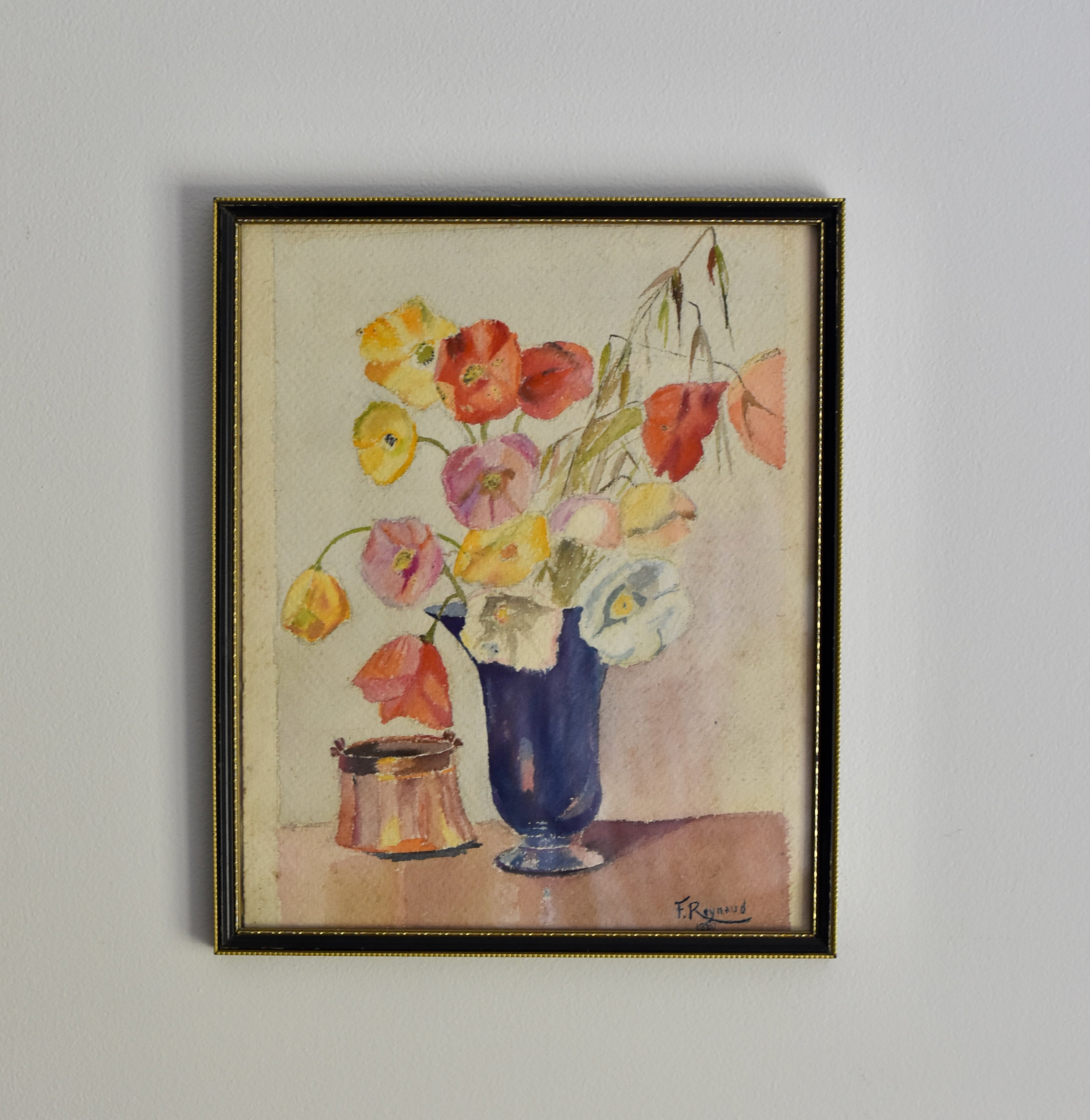 Pastel Poppies in Cobalt Vase | Vintage Framed Watercolor