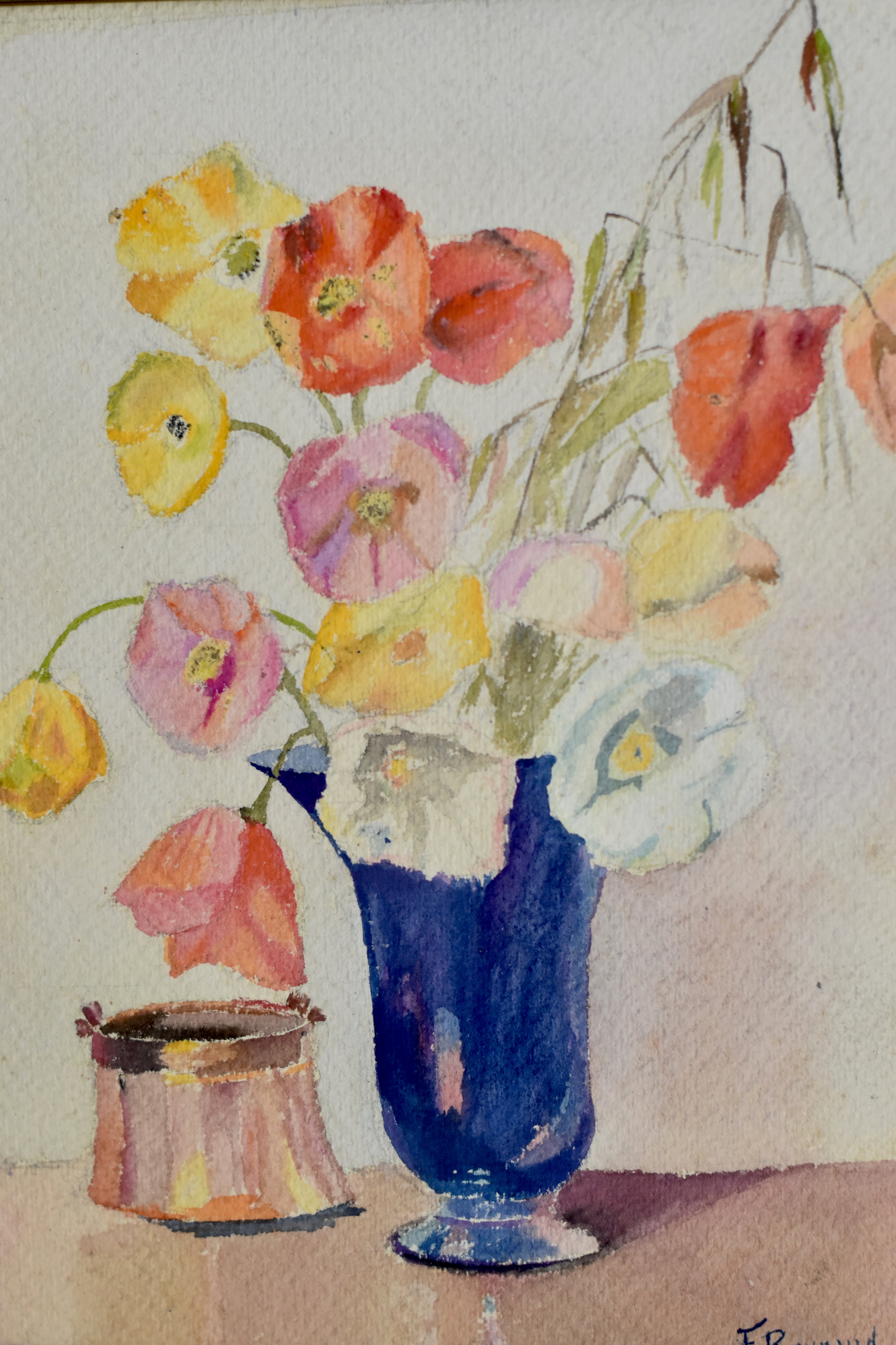 Pastel Poppies in Cobalt Vase | Vintage Framed Watercolor