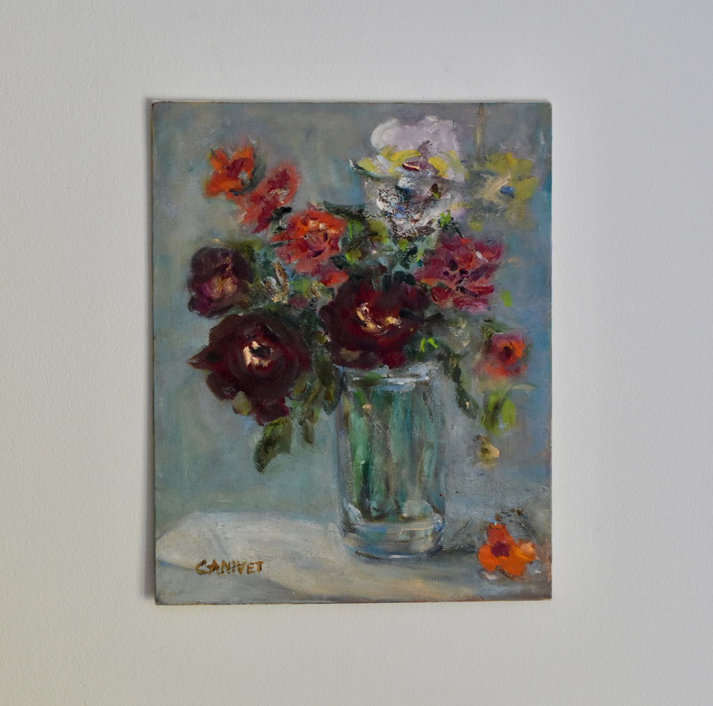 Crimson Blooms in Glass | Original Floral Oil Painting
