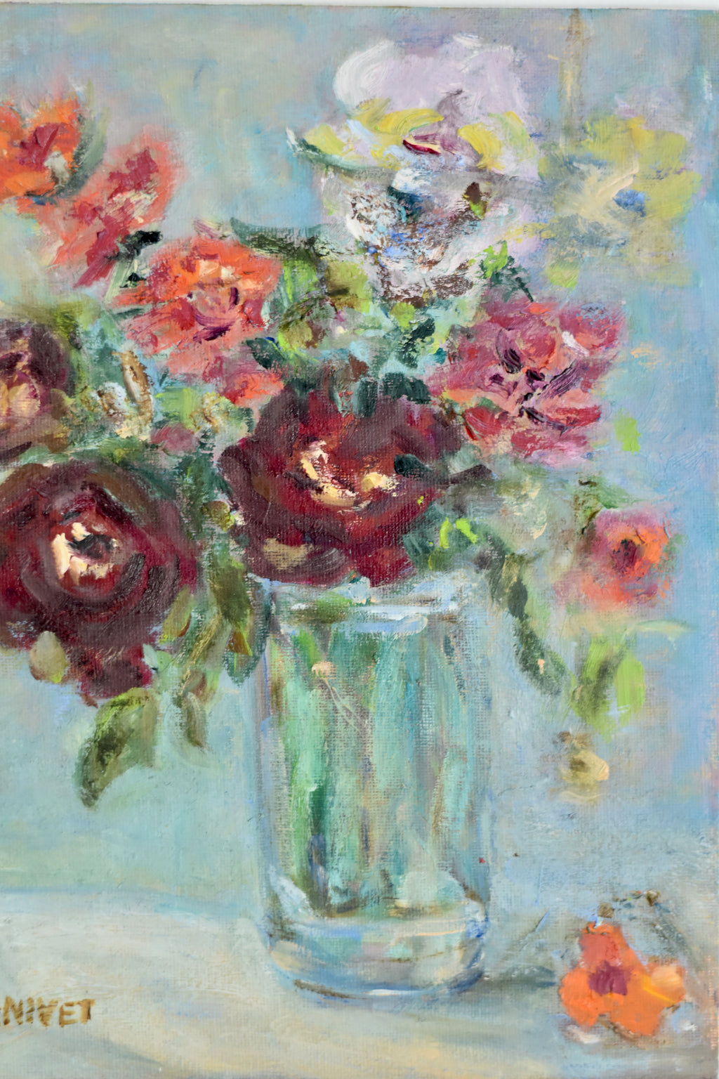 Crimson Blooms in Glass | Original Floral Oil Painting