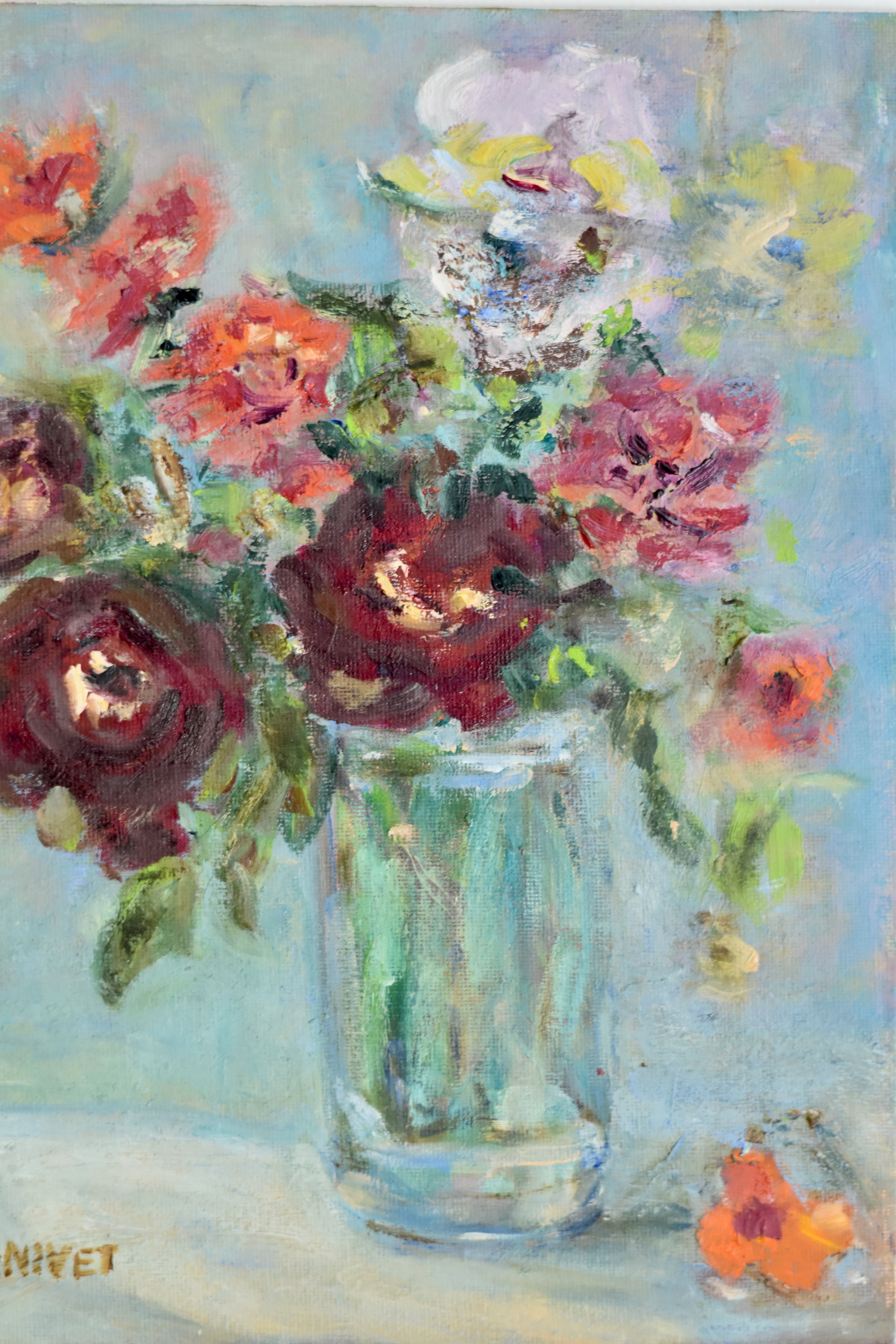 Crimson Blooms in Glass | Original Floral Oil Painting