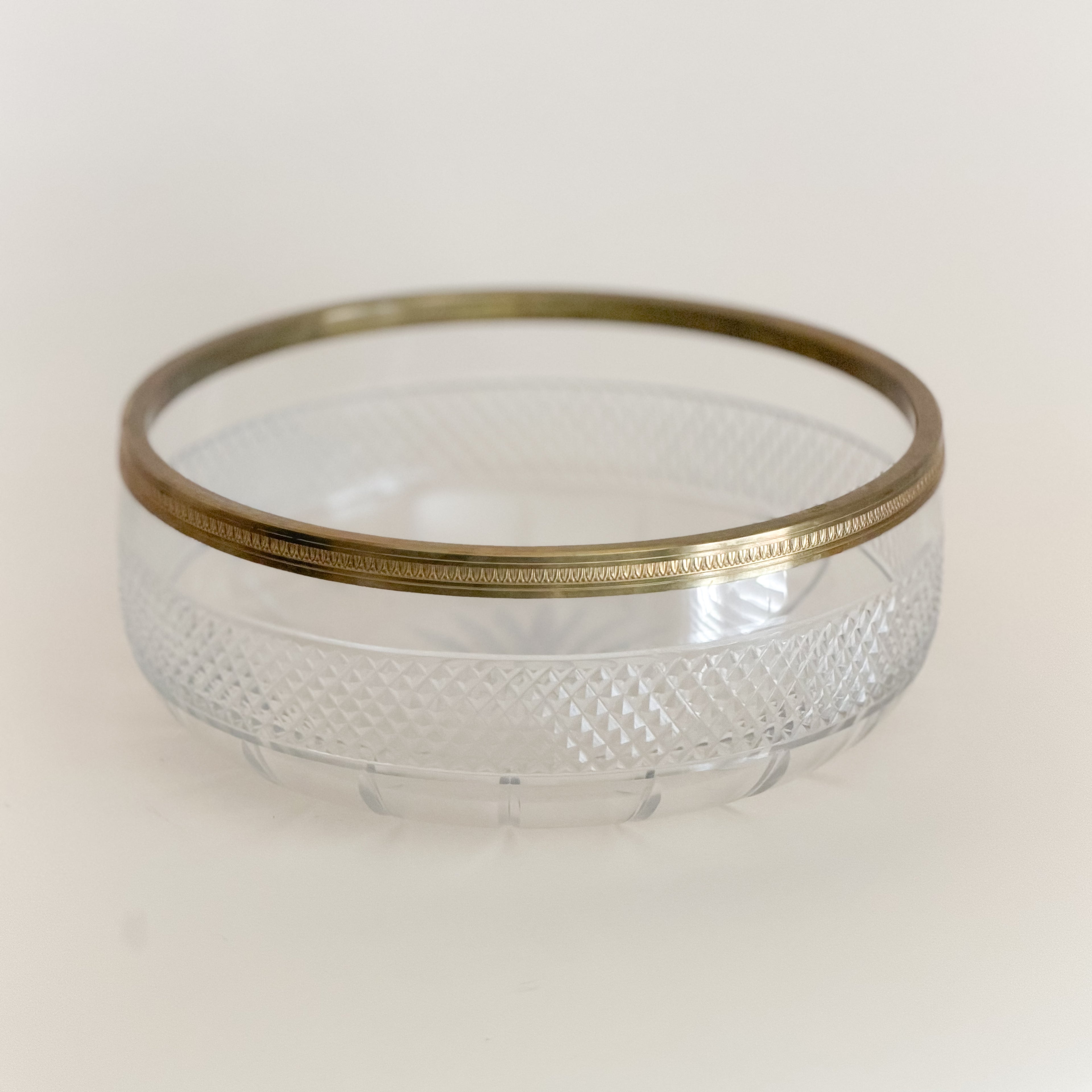Vintage French Cut Glass Bowl with Bronze Rim